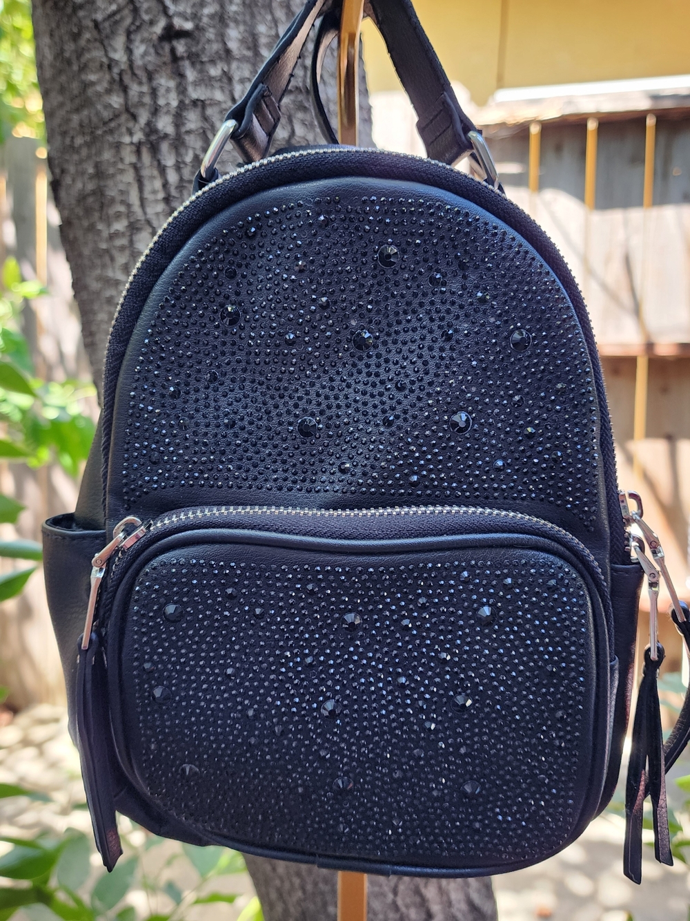 Madden NYC Black Crystal Micro Dome Mini Backpack Rhinestone Studded